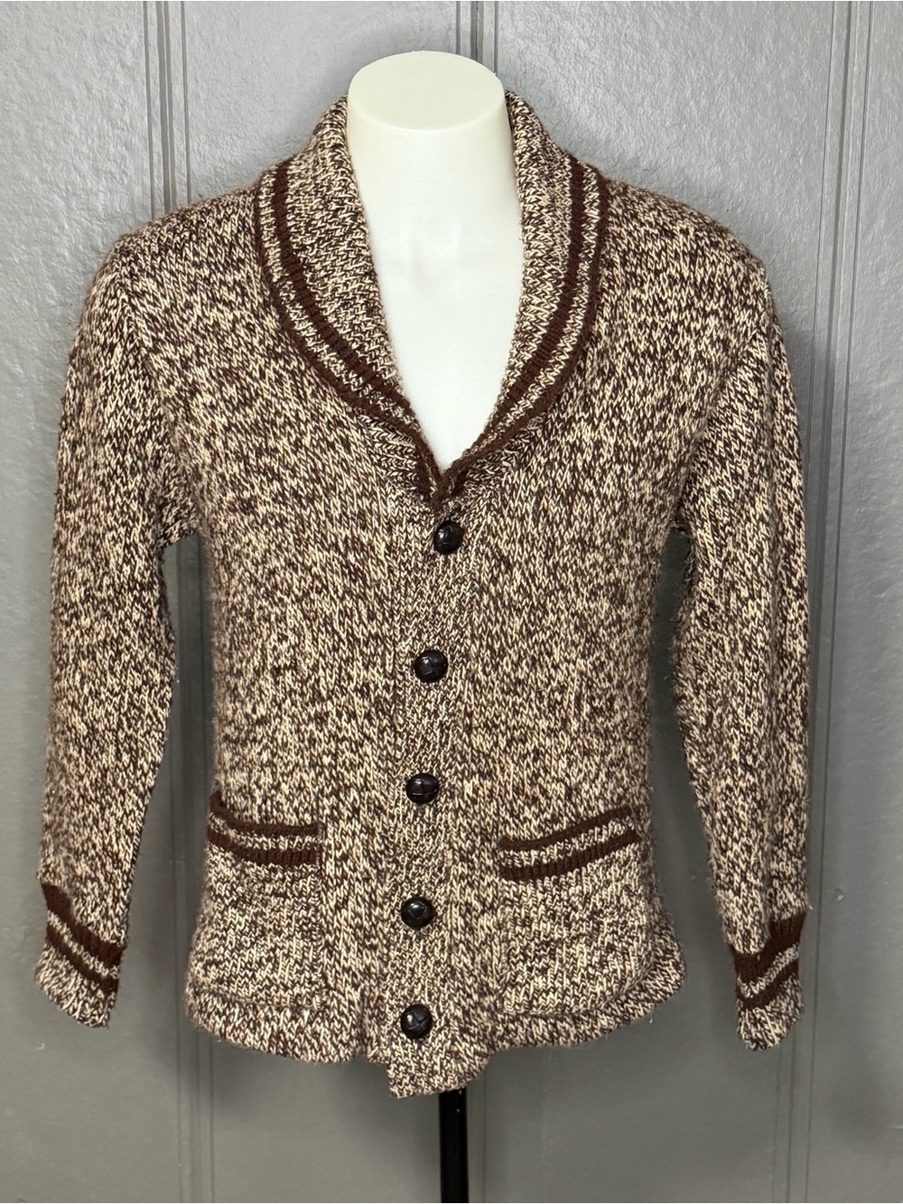 Vintage Haband Brown Marled Shawl Collar Sweater Cardigan
